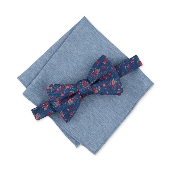 NWT Bar III Lance Floral Bow Tie & Pocket Square Set OS Blue Red Pre-Tied - Picture 1 of 6